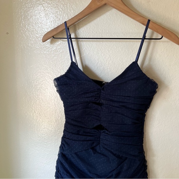 Lulus | Posh Outlook Navy Blue Swiss Dot Cutout Bodycon Dress - Picture 3 of 7